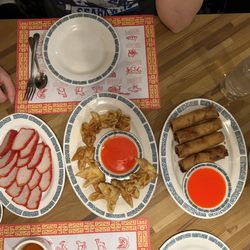 BBQ pop, crab puffs, egg rolls