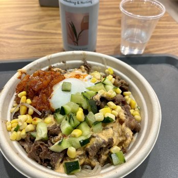 ONGI - Custom Bowl (med) with bbq pork, bulgogi beef, cucumber, corn, kimchi, poached egg, spicy kimchi mayo - Korean Near Me - New York, New York