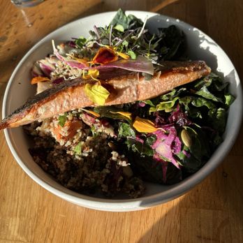 Bastion - Salmon filet on top of local kale and cabbage salad - New American Near Me - Portland, Oregon