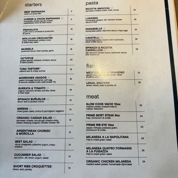 Fulano - Menu - The menu lists starters, pasta, fish, and meat options, including dishes like BEEF EMPANADA, LASAGNA, LOCAL SNAPPER, and PRIME SKIRT STEAK, with prices. - Argentine Near Me - Key Biscayne, Florida