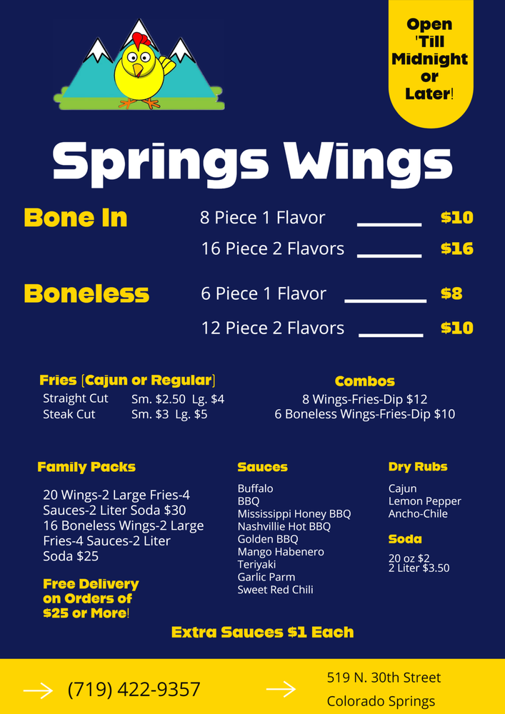 SPRINGS WINGS Updated October 2024 519 N 30th St, Colorado Springs