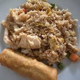 Chicken fried rice and a spring roll Chicken fried rice and a spring roll