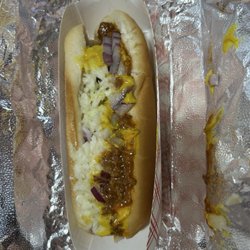 Market Grill by Carolina Crispy Fry - Hot dog (Bright Leaf?) with chili, mustard & onions