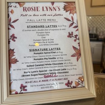 Rosie Lynn’s - Fall Latte menu - Coffee & Tea Near Me - New Braunfels, Texas Rosie Lynn’s - Fall Latte menu - Coffee & Tea Near Me - New Braunfels, Texas