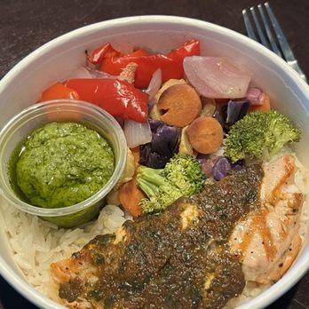 Bushfire Kitchen - La Costa - Sustainable Salmon Bowl with jasmine rice base and mixed veggie topping. Chimi sauce of course! - American Near Me - Carlsbad, California