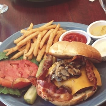 Bistro on Main - Bistro bacon cheeseburger with sautéed mushrooms and beer battered fries! - Southern Near Me - Lexington, Virginia
