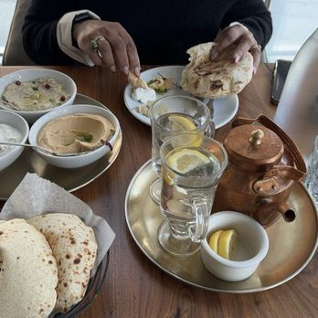 Ammatoli - Cucumber & Yogurt Mezza, Spicy Hummus Mezza, Eggplant dip & puffy pita! Yum! - Mediterranean Near Me - Long Beach, California