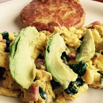 Old Town Cafe - Spinach, ham, cheese & avocado omelet, with hash cake. - Cafes Near Me - Camarillo, California