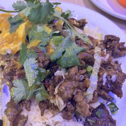 Beef & Curry chicken on white rice. Beef & Curry chicken on white rice.