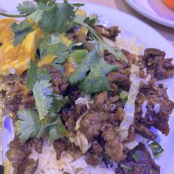 Beef & Curry chicken on white rice.