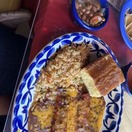 Enchilada plate with corn bread and brownie Enchilada plate with corn bread and brownie