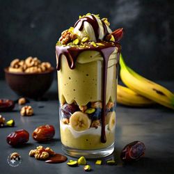 Haida Sandwich - Majoon: Mix of banana, milk, chocolate sauce, vanilla ice cream, pistachio, dates, walnut topped with crunched coconuts