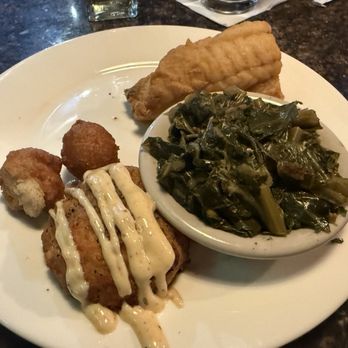 Hyman's Seafood - Salmon croquette, fried flounder, collard greens - Seafood Near Me - Charleston, South Carolina Hyman's Seafood - Salmon croquette, fried flounder, collard greens - Seafood Near Me - Charleston, South Carolina