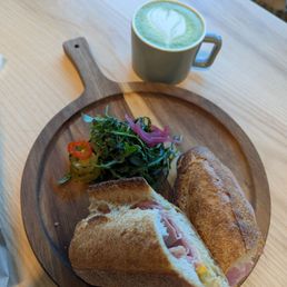 Jambon beurre sandwich and a matcha latte Jambon beurre sandwich and a matcha latte
