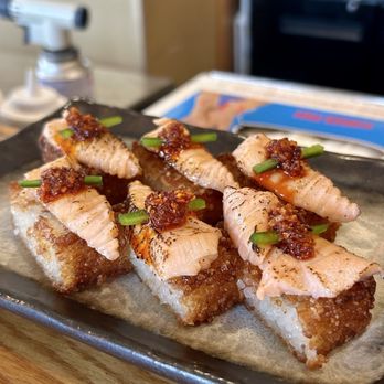 Douska - salmon Crispy Rice with Seared Salmon - Sushi Bars Near Me - New York, New York Douska - salmon Crispy Rice with Seared Salmon - Sushi Bars Near Me - New York, New York