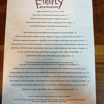 Firefly Restaurant - Menu as of September 2026 - New American Near Me - San Francisco, California