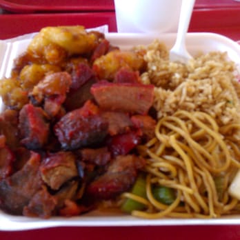 Chin’s Kitchen - Combo B: Orange chicken, bbq pork, chow mein and fried rice. - Chinese Near Me - Orange, California