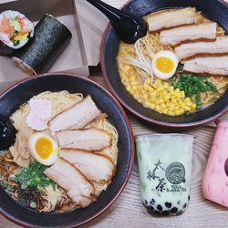 Tai Chi Bubble Tea - Ramen, Sushi Burrito, honeydew milk tea and strawberry milk tea.