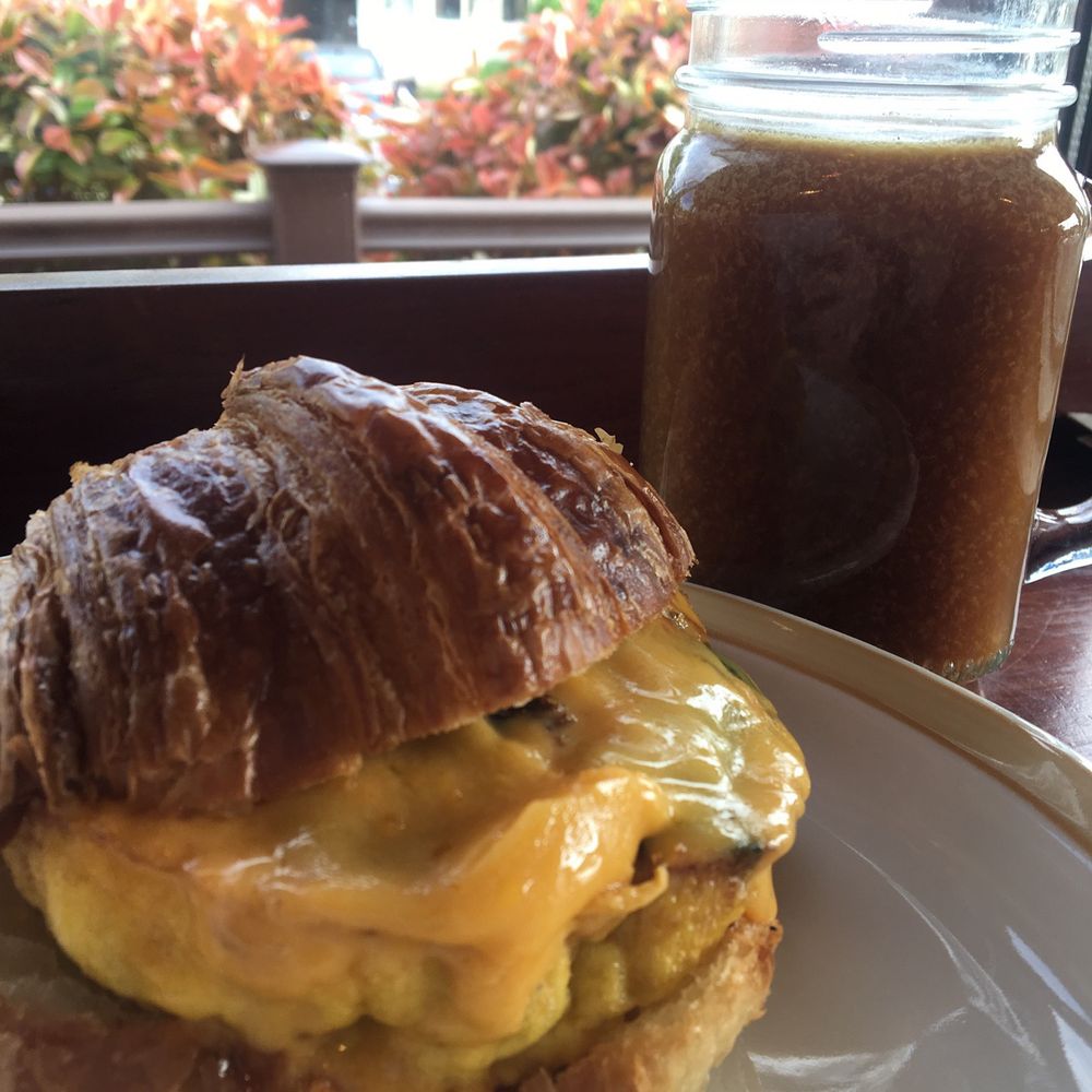 Breakfast sandwich and coffee Breakfast sandwich and coffee