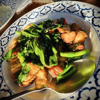 Thida Thai Resturant - Roasted Pork Belly with Baby Gai Lan - Thai Near Me - Vancouver, British Columbia Thida Thai Resturant - Roasted Pork Belly with Baby Gai Lan - Thai Near Me - Vancouver, British Columbia