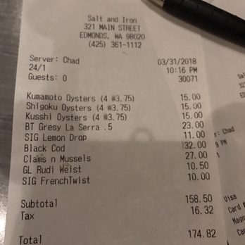 Salt and Iron - Bill for 3 - Seafood Near Me - Edmonds, Washington