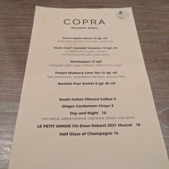 Copra - Dessert menu - Indian Near Me - San Francisco, California