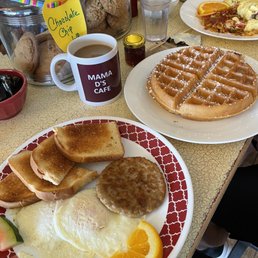 Breakfast platter, waffles and coffee