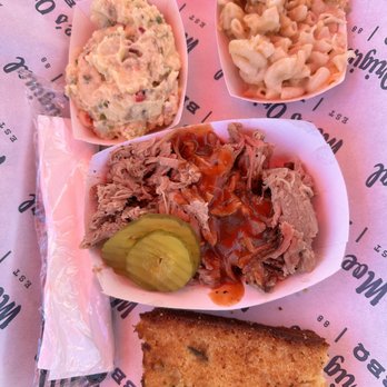 Moe's Original BBQ - Pulled Pork Platter with Mac and Cheese, Potato Salad and Corn Bread - Barbeque Near Me - Peachtree Corners, Georgia