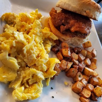 Frontier Perk Cafe - Honey Hot Chicken Biscuit w/Breakfast Potatoes, side of Scrambled Eggs w/Cheese - Cafes Near Me - St. Charles, Missouri Frontier Perk Cafe - Honey Hot Chicken Biscuit w/Breakfast Potatoes, side of Scrambled Eggs w/Cheese - Cafes Near Me - St. Charles, Missouri