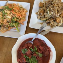 Bbq pork. Vegetarian fried rice and noodles Tofu Padkeemow