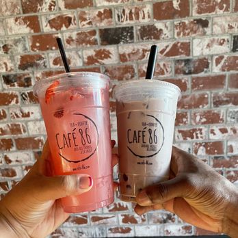 Cafe 86 - Ube latte with a shot of espresso and calamansi juice with strawberry - Desserts Near Me - San Diego, California