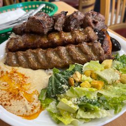 Lamb Kebab & Beef Lule $19.99. Served with salad and hummus. Huge!