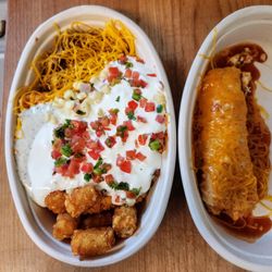 Taco Time - Enchilada platter with extra sauces (one beef, one chicken)