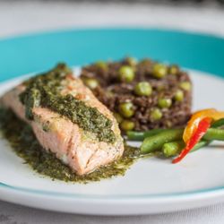La Talaye - Baked Salmon topped with La Talaye Green Sauce Rice Djondjon (wild Mushrooms)