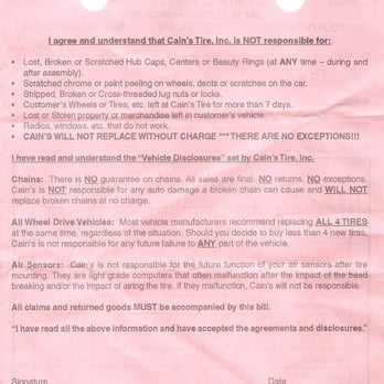 Cains Tire - REAR OF CAIN'S TIRE SERVICE AGREEMENT - Tires Near Me - San Rafael, California