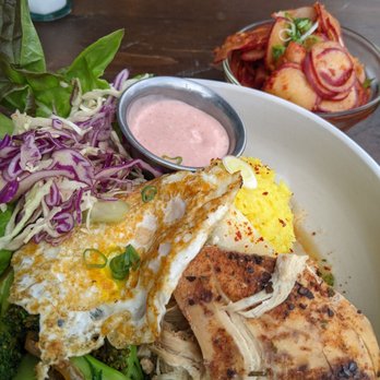 Scratch Farm Kitchen - Comfort bowl w/ chicken and a side of radish kimchi - Breakfast & Brunch Near Me - Lafayette, Louisiana Scratch Farm Kitchen - Comfort bowl w/ chicken and a side of radish kimchi - Breakfast & Brunch Near Me - Lafayette, Louisiana