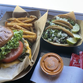 Chicana - Hotty burger and fries with 3 tacos. No wow factory here but regular fries was good. - Vegan Near Me - Fullerton, California