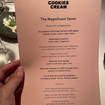 Cookies Cream - Menu - the five course menu items are in bold type - Vegetarian Near Me - Berlin, BE Cookies Cream - Menu - the five course menu items are in bold type - Vegetarian Near Me - Berlin, BE