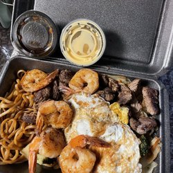 F&F Japanese Grill - Steak and Shrimp with Fried Rice, Noodles, and Fried Egg.