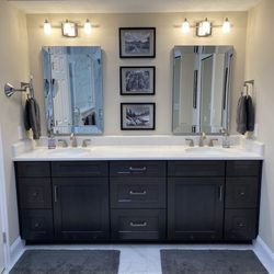 Zelmar Kitchen Designs & More - New wood cabinets, counter, mirrors, light fixtures and flooring