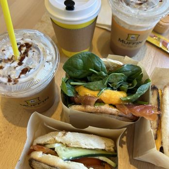 Muffin Can Stop Us - Mother Muffin Salmon (left), Dream Come True (middle), Sausage Redemption (right), Raspberry Mocha Coffee (two iced drinks) - Cafes Near Me - Studio City, California