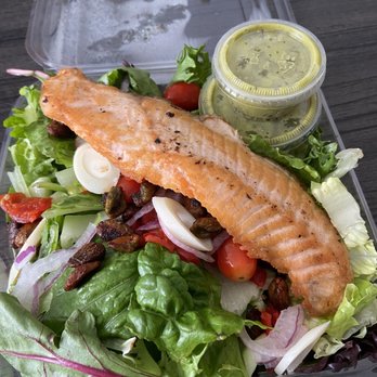 Tinleaf Fresh Kitchen - Grilled Fresh Salmon Salad with candied pistachios - New American Near Me - Carlsbad, California Tinleaf Fresh Kitchen - Grilled Fresh Salmon Salad with candied pistachios - New American Near Me - Carlsbad, California
