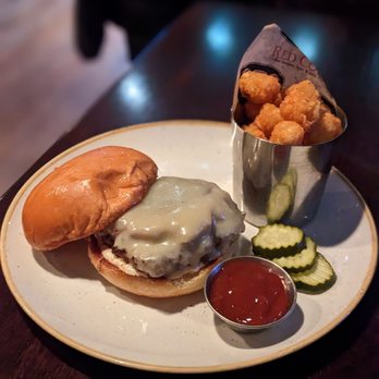 Red Cow Uptown - Mushroom and swiss burger with tots - Burgers Near Me - Minneapolis, Minnesota Red Cow Uptown - Mushroom and swiss burger with tots - Burgers Near Me - Minneapolis, Minnesota