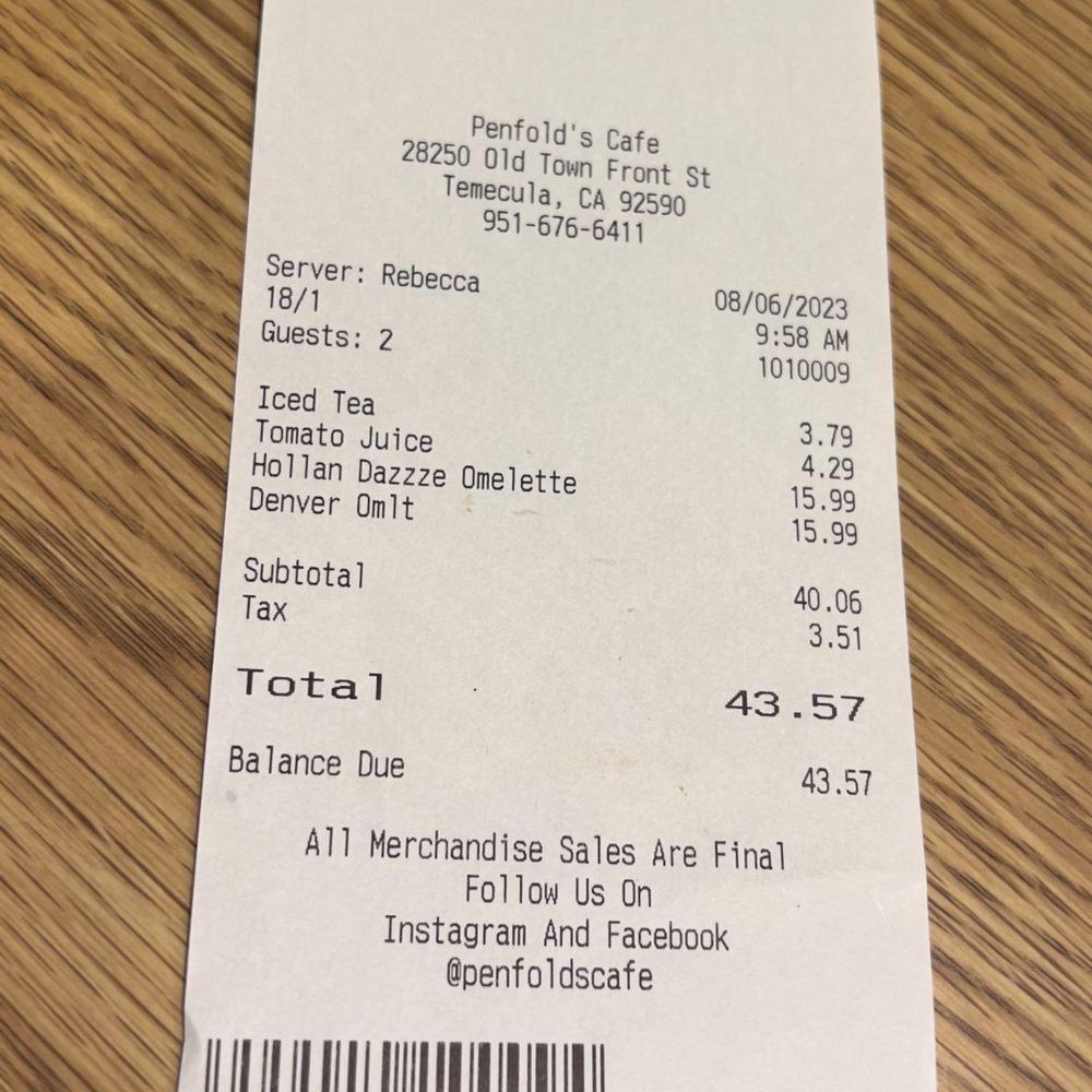 Penfold's Cafe & Bakery - Receipt for two. Expensive omelettes. - Breakfast & Brunch Near Me - Temecula, California