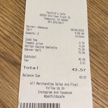 Penfold's Café - Receipt for two. Expensive omelettes. - Breakfast & Brunch Near Me - Temecula, California Penfold's Café - Receipt for two. Expensive omelettes. - Breakfast & Brunch Near Me - Temecula, California