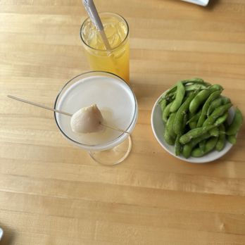 O-Ku - Edamame, lychee mock tail (dd's delight) and peach punch - Japanese Near Me - Jacksonville Beach, Florida O-Ku - Edamame, lychee mock tail (dd's delight) and peach punch - Japanese Near Me - Jacksonville Beach, Florida