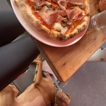 Fritti - a pizza and a dog on a table - Italian Near Me - Atlanta, Georgia