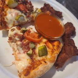 Cheeseburger pizza & hot wings! Cheeseburger pizza & hot wings!