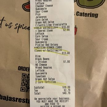 Baja's Restaurants - Receipt - New Mexican Cuisine Near Me - Manchester, Connecticut