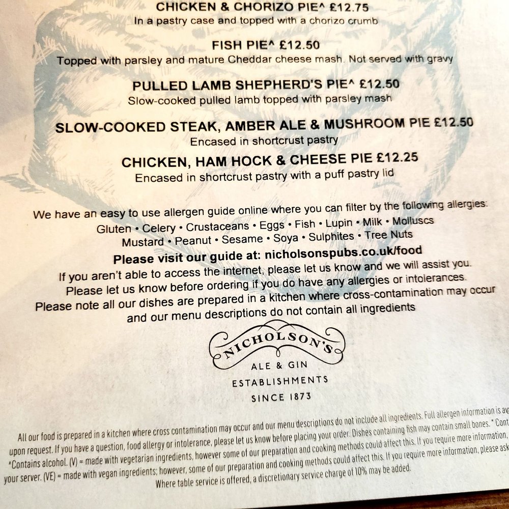 The Feathers - Love that they have allergy info! - Pubs Near Me - London, XGL The Feathers - Love that they have allergy info! - Pubs Near Me - London, XGL